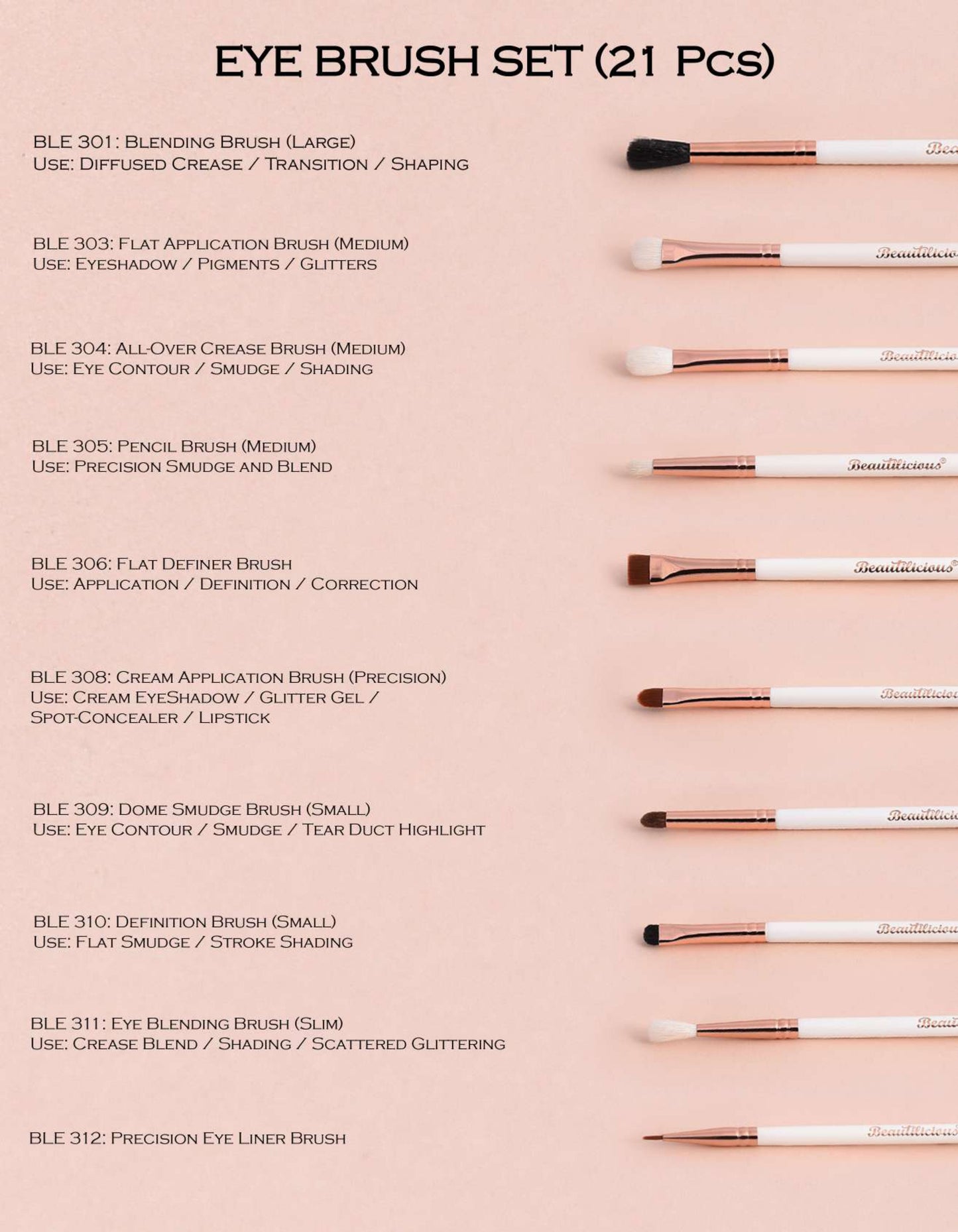 Professional eye makeup brush kit—21 brushes in pink glitter pouch by Beautilicious