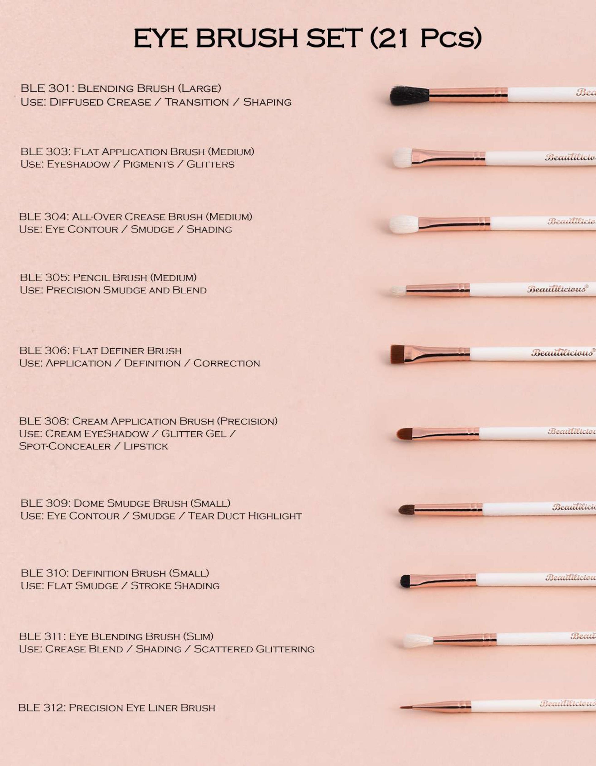 Professional eye makeup brush kit—21 brushes in pink glitter pouch by Beautilicious