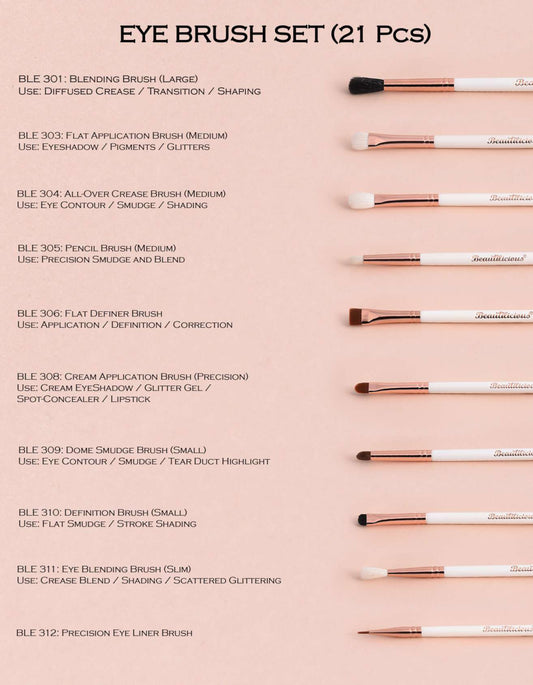 Professional eye makeup brush kit—21 brushes in pink glitter pouch by Beautilicious