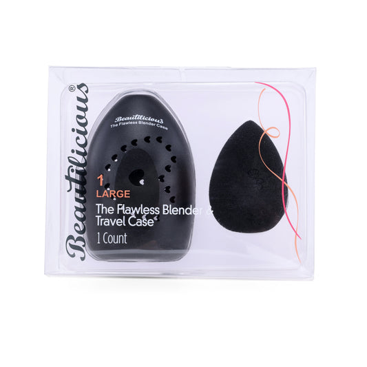 Black teardrop beauty blender with protective travel case