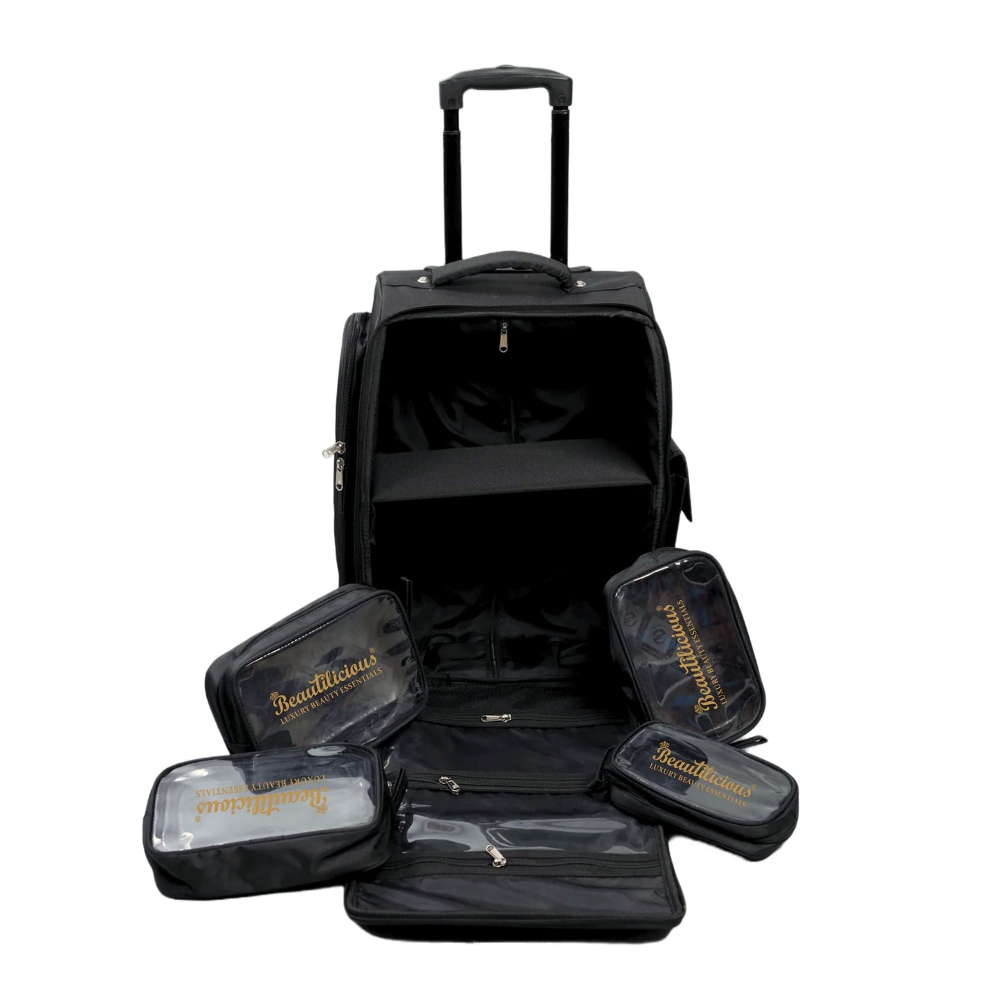 Beautilicious stylish black trolly vanity bag with handle and compartments