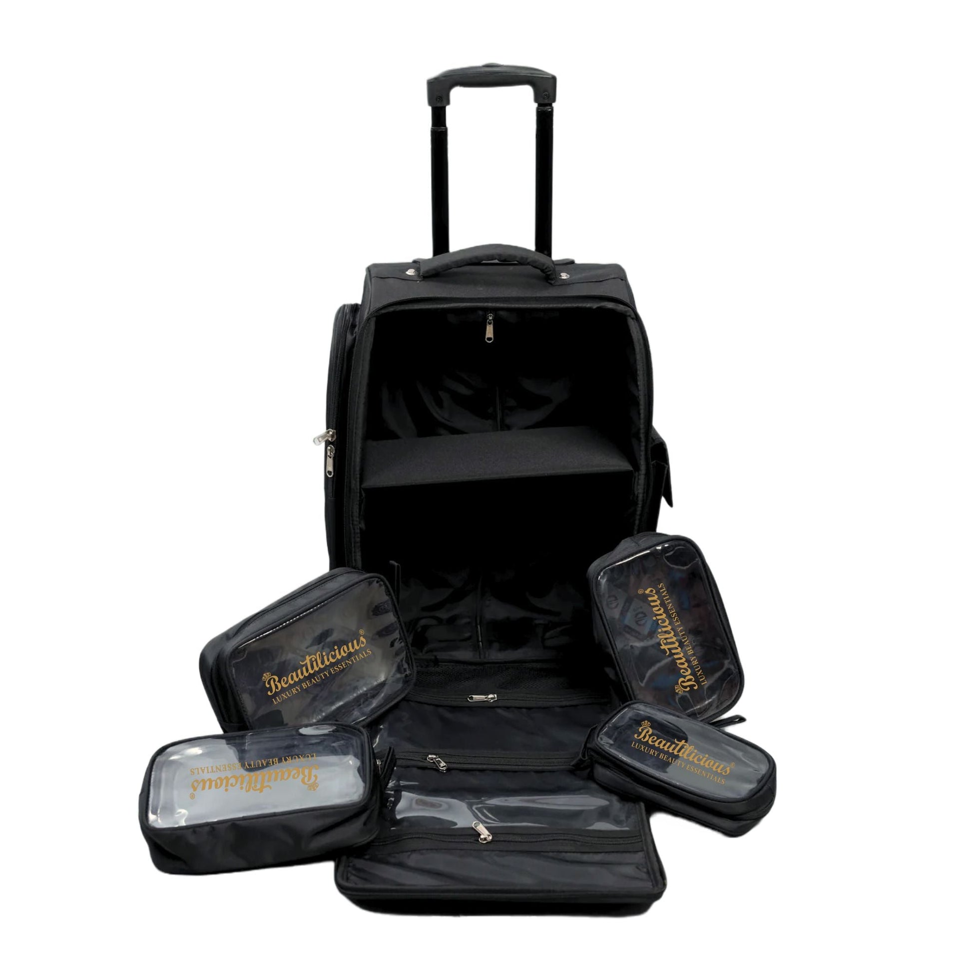 Beautilicious stylish black trolly vanity bag with handle and compartments